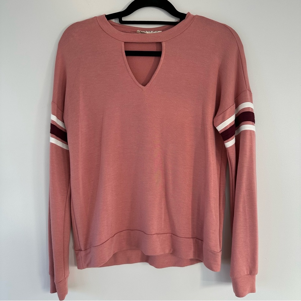 Pink Rose Pink with White and Maroon Stripes Keyhole Accent Sweater Size Medium